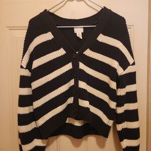 H&M Cropped Knitted Black and White Striped Cardigan